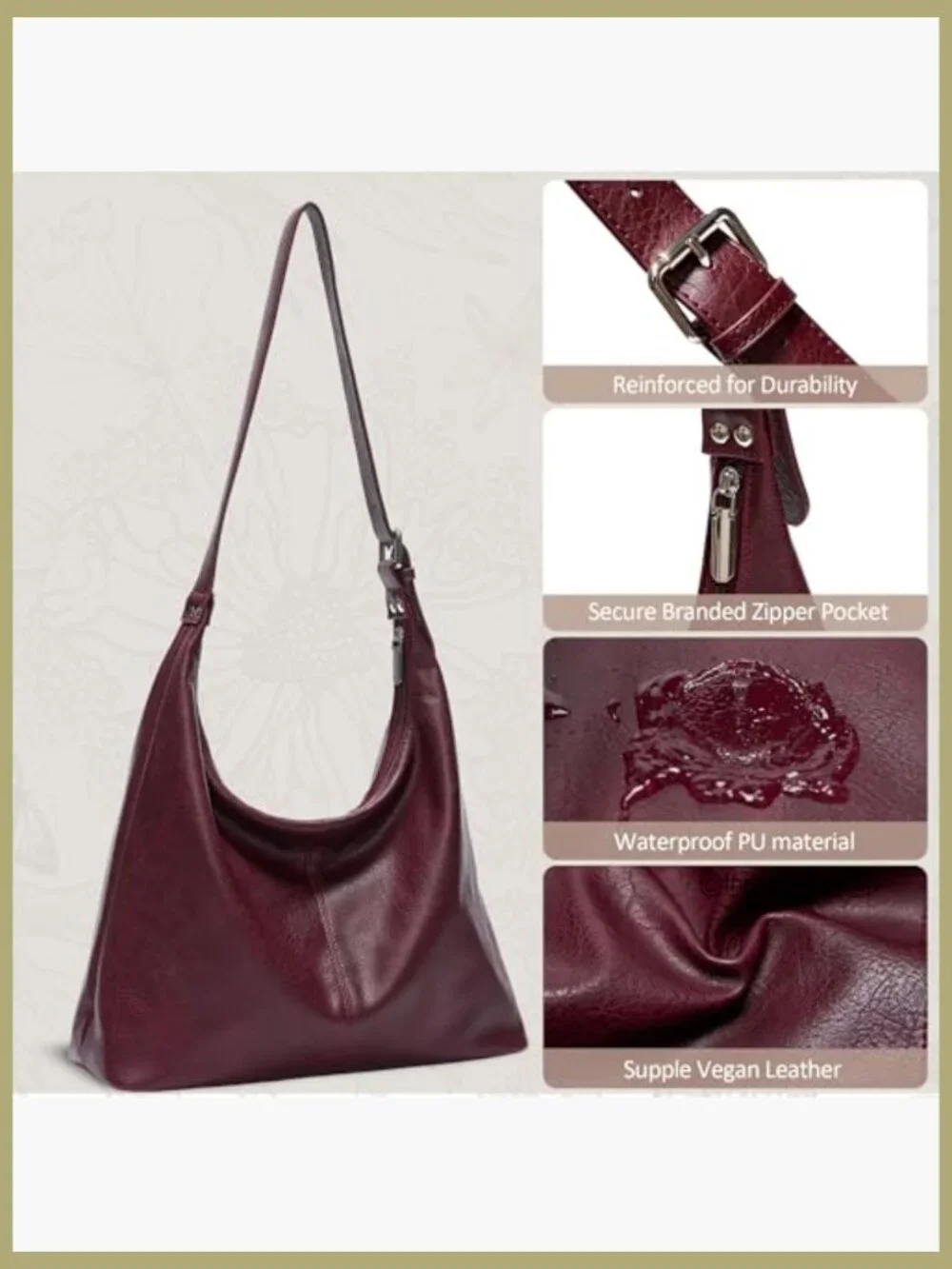 Large Slouchy Hobo Bag with Adjustable Strap Vegan Leather